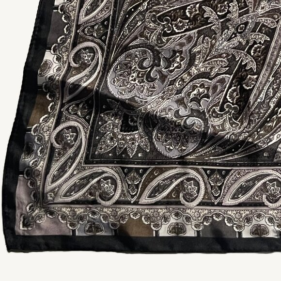 Satin Black Grey Brown & White Square Paisley Mirrored Pattern Scarf - Picture 3 of 5